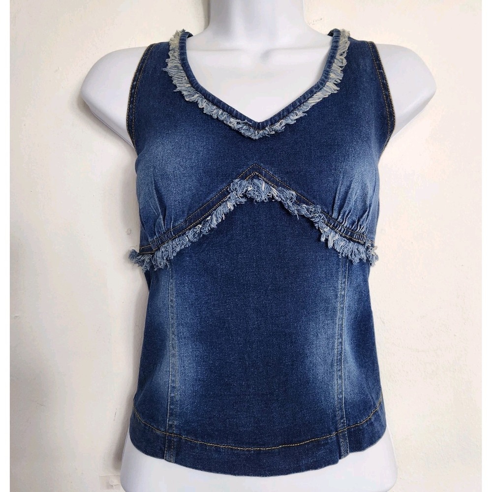 Vintage 90s Carolina Blues Denim Tank Top Sz 8 Y2K Frayed Trim Stretch Zip Back